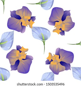 Blue Anthurium Tailflower. Purple Orchid. Vector illustration. Seamless background pattern. Floral botanical flower. Wild leaf wildflower isolated. Exotic tropical hawaiian jungle. Fabric wallpaper.