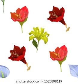 Blue Anthurium Tailflower. Red Amaryllis. Purple Amaryllis. Yellow Lilium. Vector illustration. Seamless background pattern. Floral botanical flower. Wild leaf wildflower isolated. Exotic tropical.