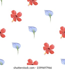 Blue Anthurium Tailflower. Red Hibiscus. Vector illustration. Seamless background pattern. Floral botanical flower. Wild leaf wildflower isolated. Exotic tropical hawaiian jungle. Fabric wallpaper.