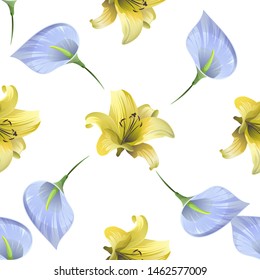 Blue Anthurium Tailflower. Yellow Lilium. Vector illustration. Seamless background pattern. Floral botanical flower. Wild leaf wildflower isolated. Exotic tropical hawaiian jungle. Fabric wallpaper.