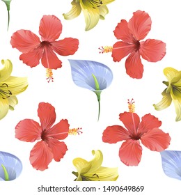 Blue Anthurium Tailflower. Yellow Lilium. Red Hibiscus. Vector illustration. Seamless background pattern. Floral botanical flower. Wild leaf wildflower isolated. Exotic tropical hawaiian jungle.