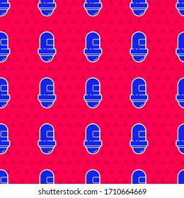 Blue Antiperspirant deodorant roll icon isolated seamless pattern on red background. Cosmetic for body hygiene.  Vector Illustration