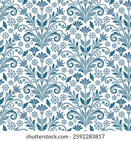 blue antique inspired floral pattern with ornamental details for textile and fashion
