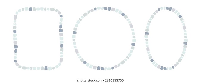 Blue antique stone mosaic circle and rectangle frame. Decorative Greek oval border. Abstract brick mosaic frame. Rome rock border. Design art element. Vector illustration isolated on white background.
