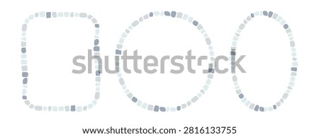 Blue antique stone mosaic circle and rectangle frame. Decorative Greek oval border. Abstract brick mosaic frame. Rome rock border. Design art element. Vector illustration isolated on white background.