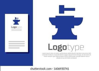 Blue Anvil for blacksmithing and hammer icon isolated on white background. Metal forging. Forge tool. Logo design template element. Vector Illustration