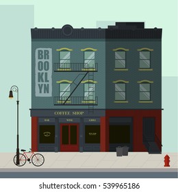 Blue apartment building with coffee shop in the ground floor. Flat vector illustration.