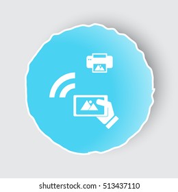Blue app button with Mobile Photo Printing icon on white.
