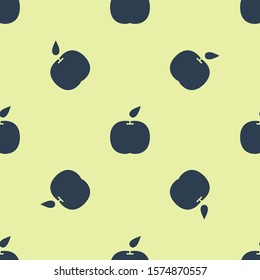 Blue Apple icon isolated seamless pattern on yellow background. Fruit with leaf symbol.  Vector Illustration