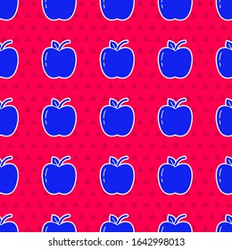 Blue Apple icon isolated seamless pattern on red background. Fruit with leaf symbol.  Vector Illustration