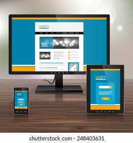 Blue application template design for corporate identity with orange lines. Stationery set