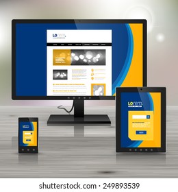 Blue application template design for corporate identity with yellow wave. Stationery set