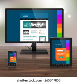 Blue application template design for corporate identity with color square elements. Stationery set