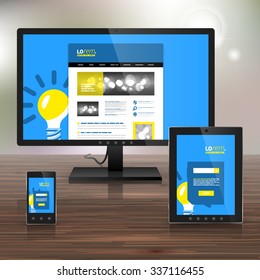 Blue application template design for corporate identity with yellow light bulb. Stationery set