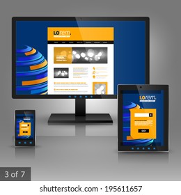 Blue application template design for gadgets with digital planet. Elements of stationery.