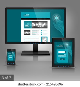 Blue application template design for gadgets. Digital hand touching screen. Elements of stationery.