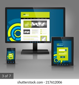 Blue application template design for gadgets with green round digital figures. Elements of stationery.