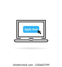 blue apply now button in linear laptop. flat stroke style modern logo lineart graphic art design isolated on white. concept of applied to join the community or site and mobile login or follower