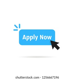 blue apply now simple button. flat style arrow cursor logotype element graphic art design isolated on white background. concept of easy make an application in internet website or exam login here