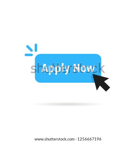 blue apply now simple button. flat style arrow cursor logotype element graphic art design isolated on white background. concept of easy make an application in internet website or exam login here