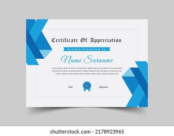 Blue Appreciation and Achievement Certificate Template Design, Clean modern certificate, Diploma Certificate vector template