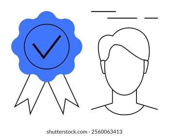 A blue approval badge with a check mark next to the outline of a persons head and shoulders. Ideal for certification, profile verification, identification, approval process, user authenticity. Simple