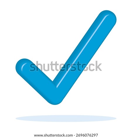 Blue approved 3D glossy check mark icon, tick symbol in blue color, 3D vector illustration, approved check mark icon isolated on white background, EPS 10.
