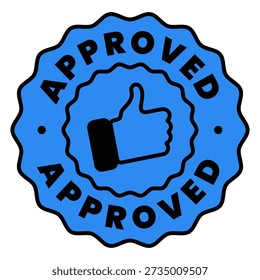 Blue Approved rubber stamp, sticker with thumbs up icon
