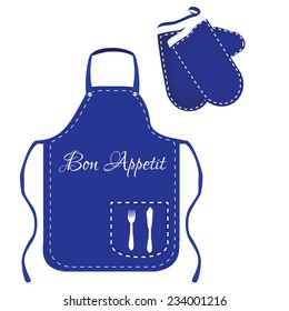 Blue apron, chef apron, kitchen apron, kitchen mittens, mittens vector, apron vector