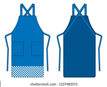 Blue Apron With Two Pocket, White Checkered Pattern On White Background.Front And Back View, Vector File.