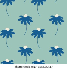 blue and aqua 1970's groovy vintage retro floral seamless vector pattern