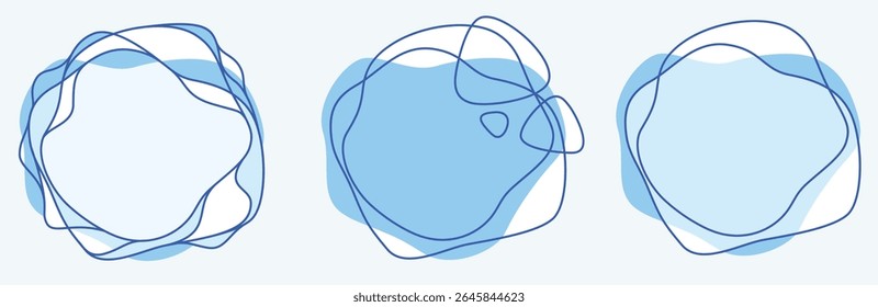 Blue aqua organic abstract waves line circle forms set. Fluid amoeba frame border elements sign. Amorphous liquid banner. Vector background