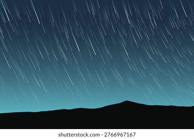 Blue aquamarine night sky, star trails. Landscape, mountains outline