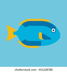 Blue aquarium fish isolated on blue background. Vector flat icon
