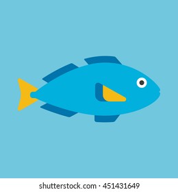 Blue aquarium fish isolated on blue background. Vector flat icon
