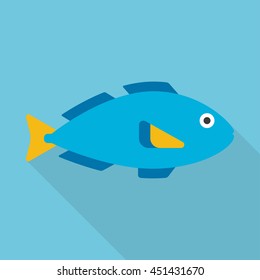 Blue aquarium fish isolated on blue background. Vector flat icon with long shadow