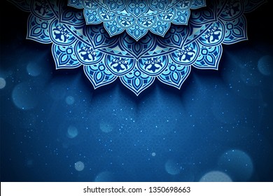 Blue arabesque flower background with glitter bokeh effect