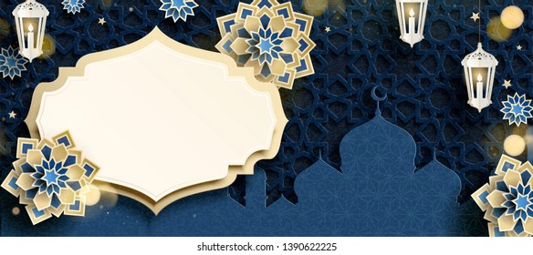 Blue arabesque flower and mosque background in paper art style