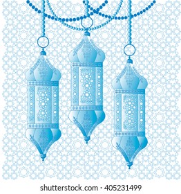 Blue arabic hanging lanterns. Vector illustration