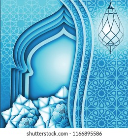 blue arabic lantern mosque dome design paper cutting style greeting card banner background