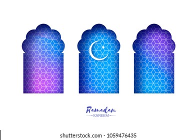 Blue Arabic window arch in paper cut style. Origami Ramadan Kareem greeting cards. Arabesque pattern. Crescent Moon. Holy month of muslim. Symbol of Islam.