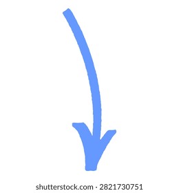 Blue arch arrow graffiti pointing doodle presents downward hand drawn marker stroke and urban street art style. Down direction navigation indicator symbol icon for graphic design clip art.