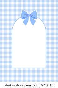 Blue arch frame with a bow on a gingham background. Vertical checkered template for baby shower or birthday.