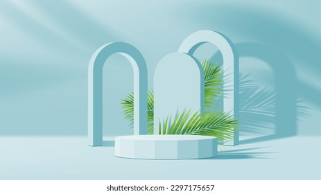 Blue arch and podium with palm leaves. Exhibition gallery empty stand, cosmetics product presentation mock up display podium or studio showroom space realistic vector background with leaves shadow