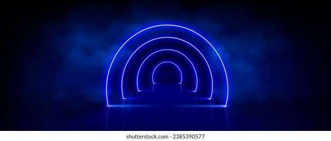 Blue arch tunnel door frame with glowing neon effect and steam. Luminous frame surrounded by fog and bright sparkles - realistic vector of illuminated portal, access to stage or passage along hallway.