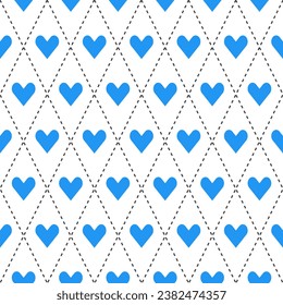 Blue argyle pattern with heart inside. Argyle vector pattern. Argyle pattern. Seamless geometric pattern for clothing, wrapping paper, backdrop, background, gift card, sweater.