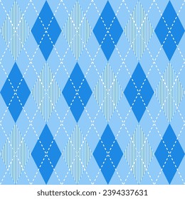 Blue argyle pattern with stripe inside. Argyle vector pattern. Argyle pattern. Seamless geometric pattern for clothing, wrapping paper, backdrop, background, gift card, sweater.