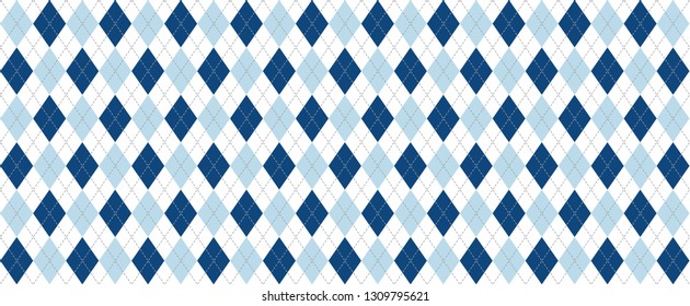 Blue. Argyle pattern. Traditional lozenge diamond, checkered or check sign. Diamonds print plaid. Vector Seamless, geometric shape. Flanel textile texture. Fabric weaving square. Christmas xmas.