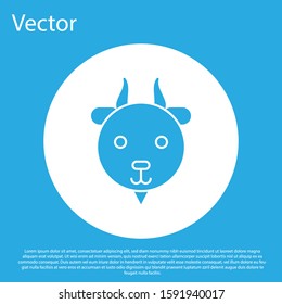 Blue Aries zodiac sign icon isolated on blue background. Astrological horoscope collection. White circle button. Vector Illustration