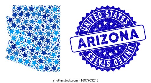 Blue Arizona State map mosaic of stars, and textured rounded stamp. Abstract territory scheme in blue color tinges. Vector Arizona State map is designed of blue stars.